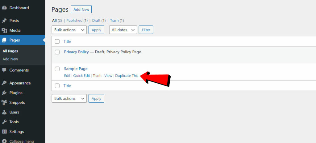 Hover and duplicate page by clicking on Duplicate This link