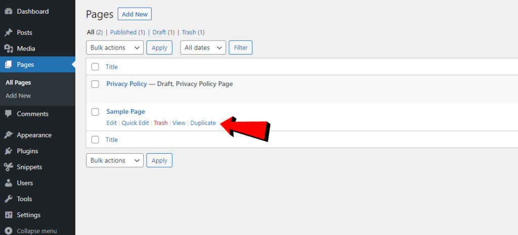 Hover and duplicate page by clicking on Duplicate link